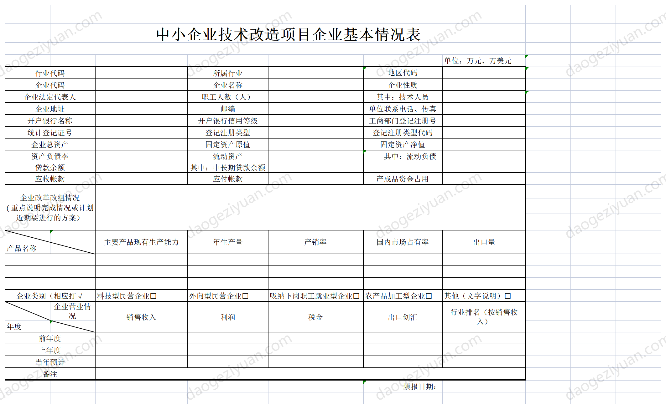 Enterprise Basic Situation Table For Technological Transformation enterprise-basic-situation-table-for-technological-transformation