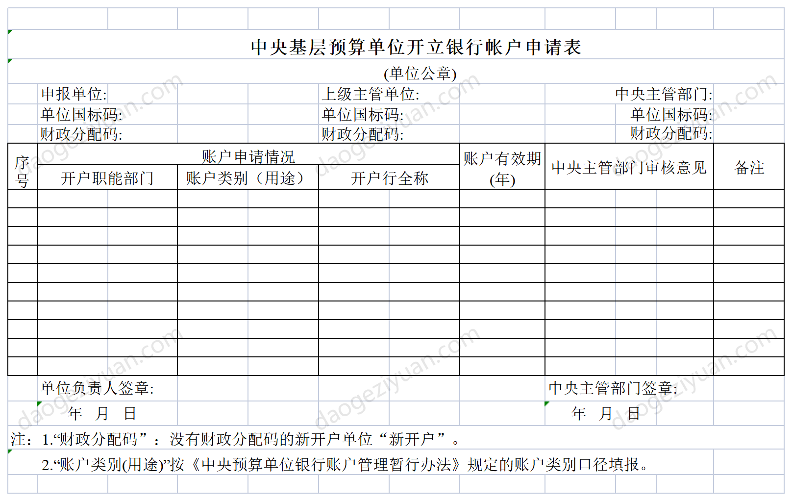 Application Form for Bank Account Opening by Central Basic Budget Units.xls