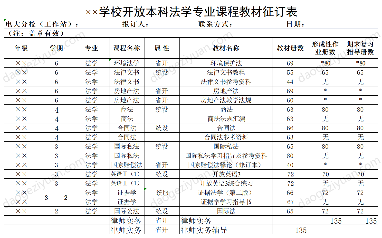 学校开放本科法学专业课程教材征订表.xls