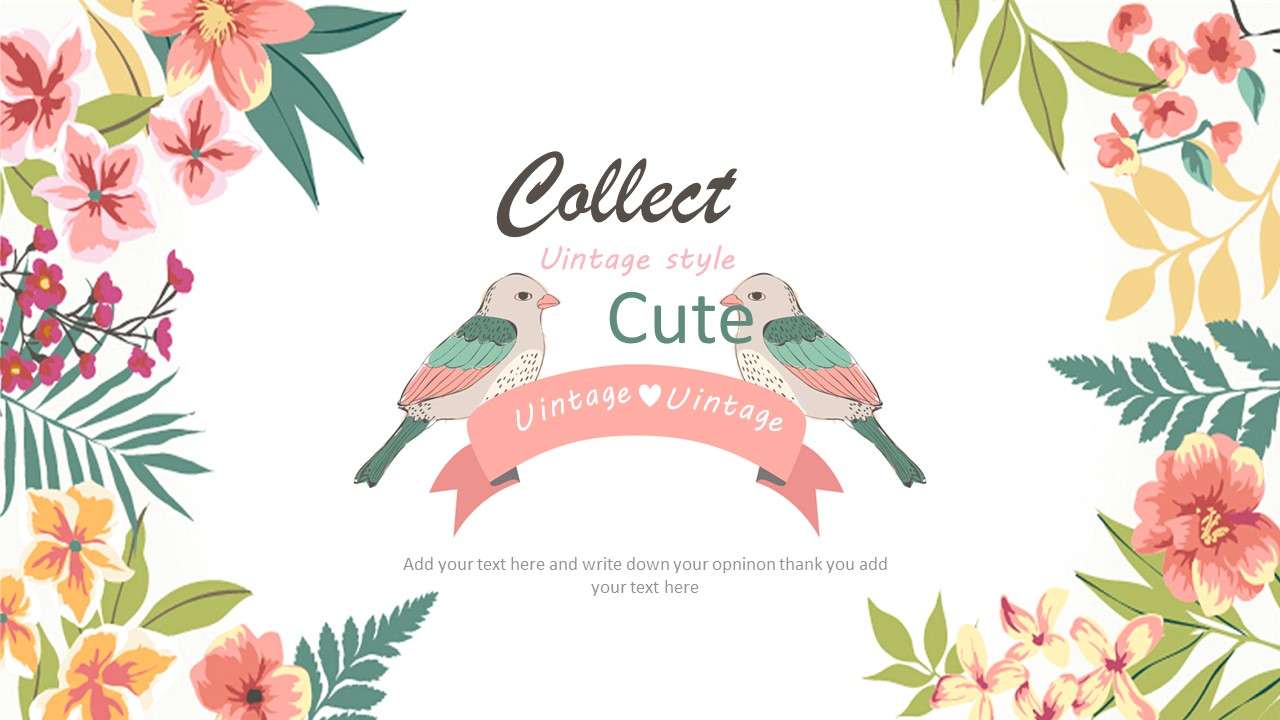 Small fresh retro European flowers and birds PPT template