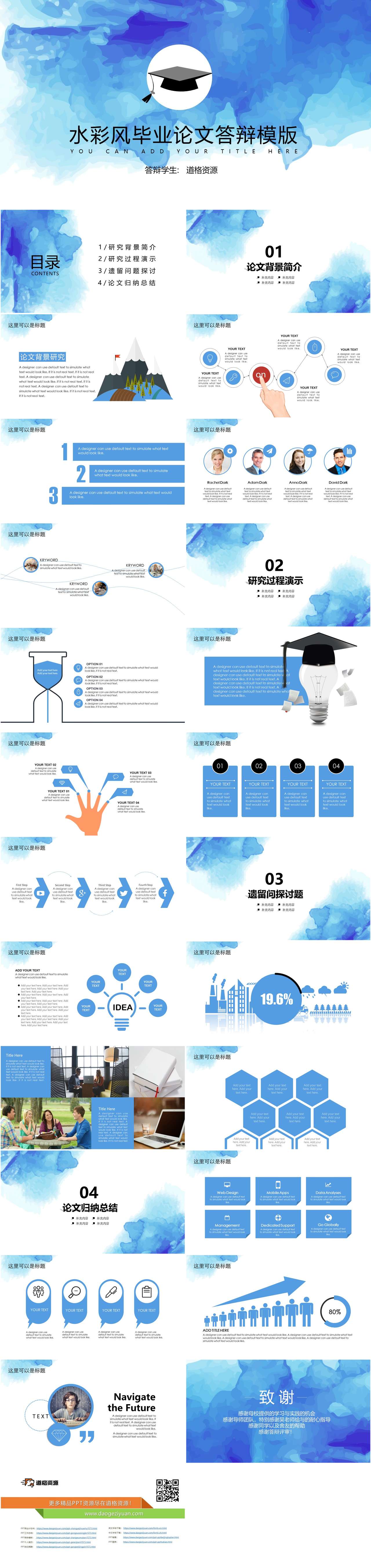 蓝色水彩毕业论文答辩PPT模板