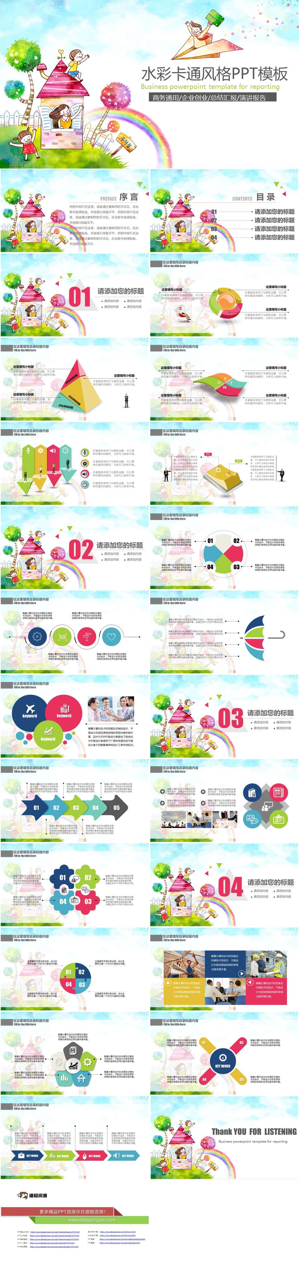 水彩可爱卡通风格PPT模板