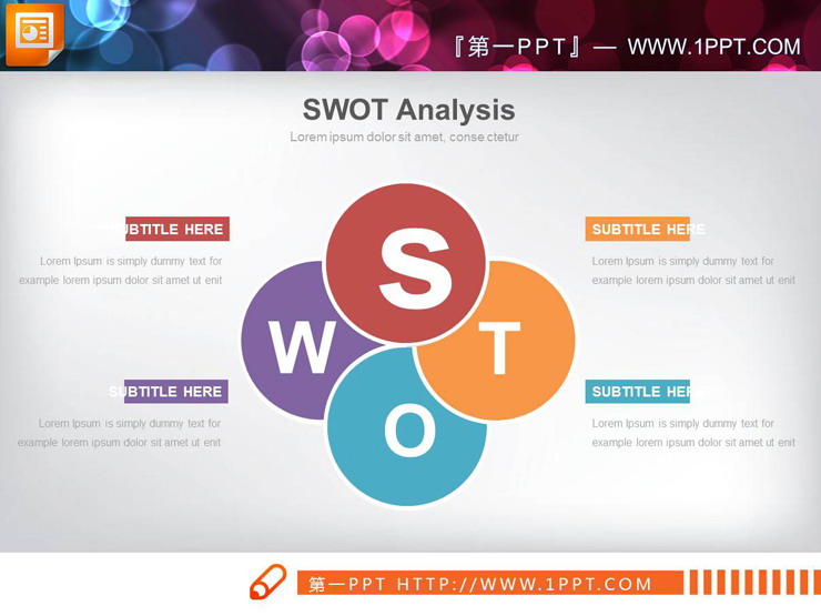 SWOT analysis PPT chart of 6 colors