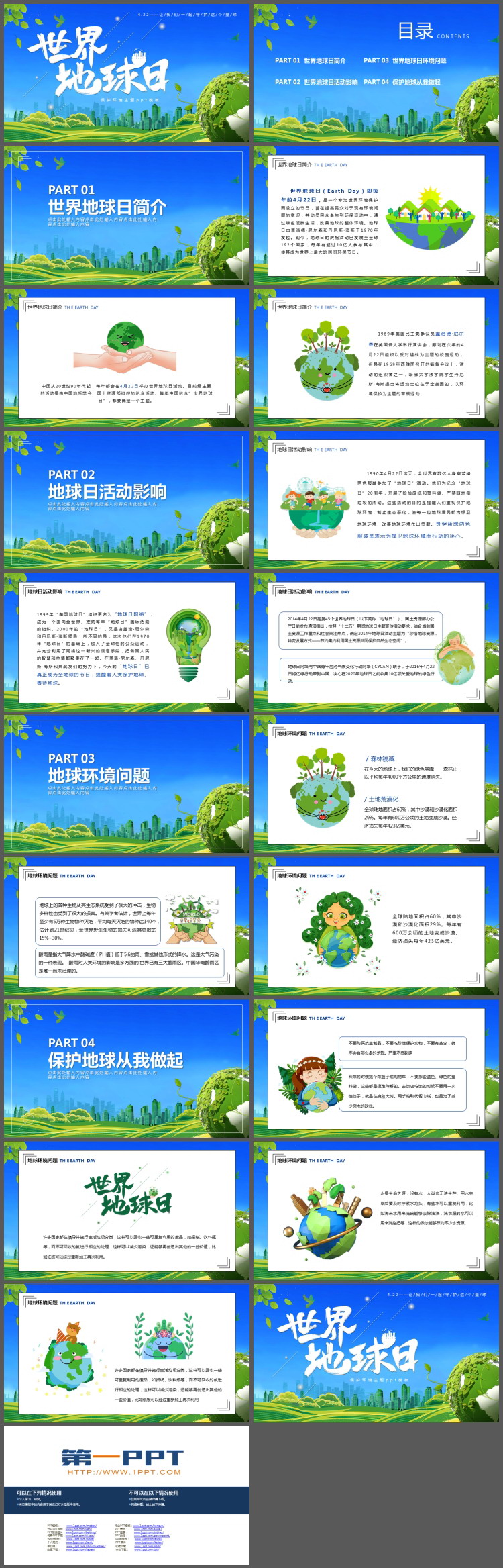 蓝天草地绿色地球背景的世界地球日PPT模板（2）