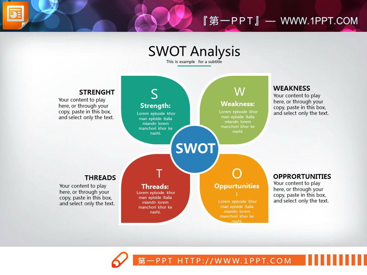 SWOT analysis PPT chart of four color combinations
