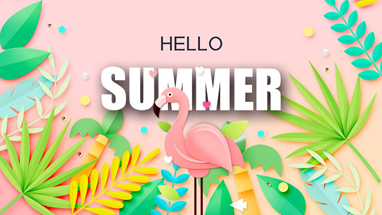 Summer theme PPT template with cartoon leaves and flamingo background