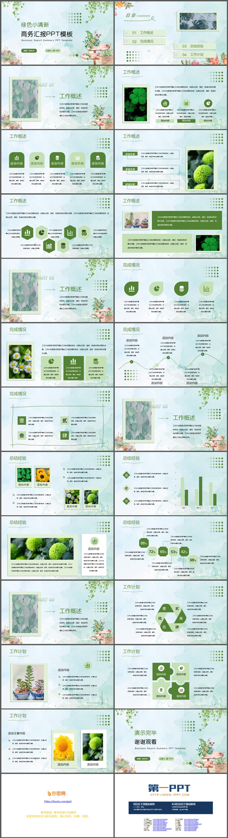 绿色清新水彩植物背景的商务汇报PPT模板（2）