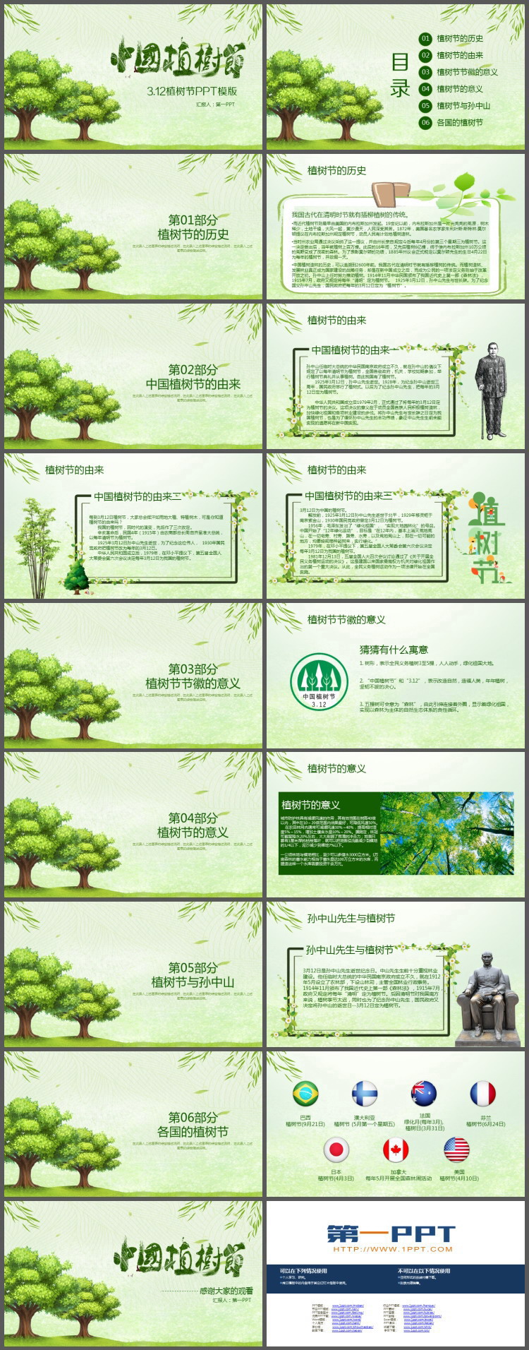 绿色树木柳条背景的中国植树节PPT模板（2）