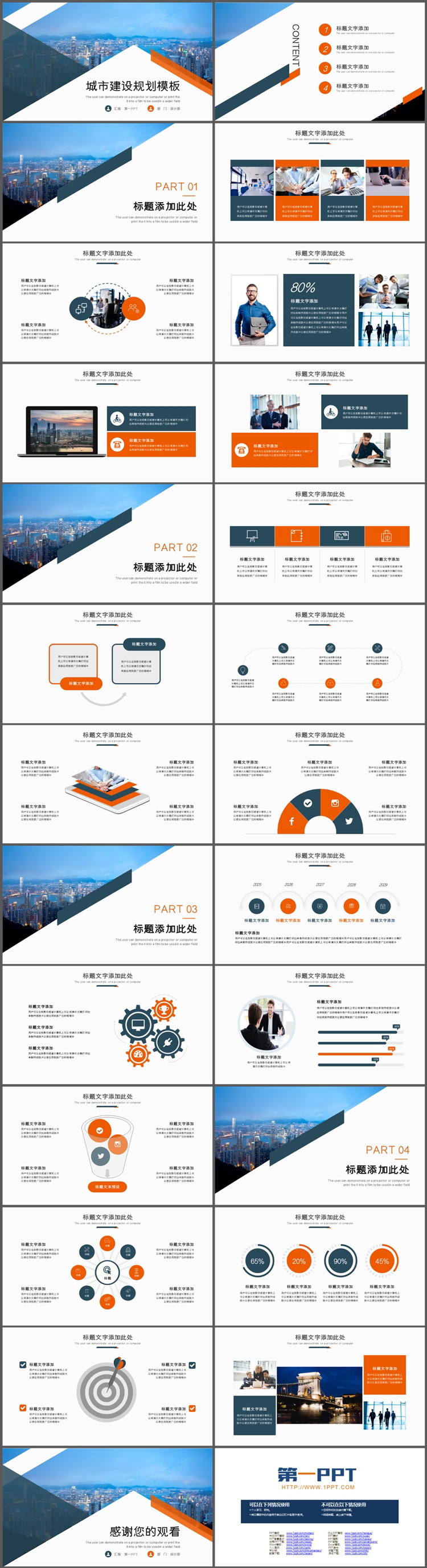 城市建筑背景的蓝橙配色城市建筑规划PPT模板下载（2）