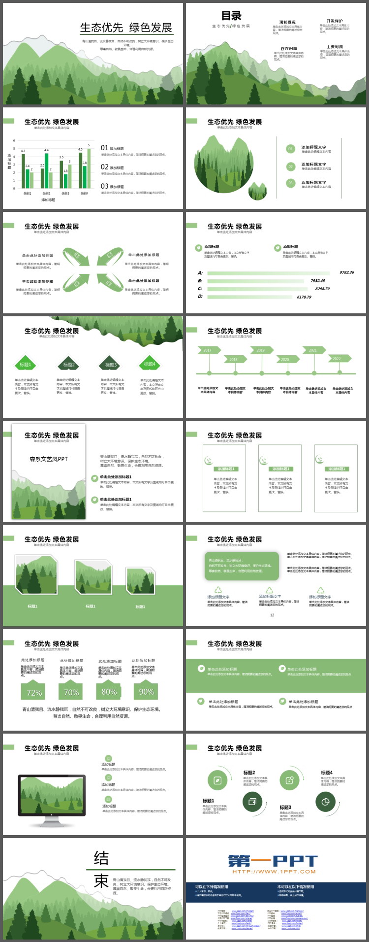 绿色群山树木剪影背景生态优先绿色发展PPT模板下载（2）