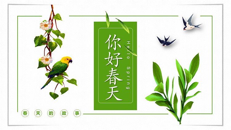 Small fresh Hello Spring PPT template with green plants, swallows and parrots background
