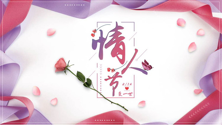 粉色彩带与玫瑰花背景的情人节相册PPT模板